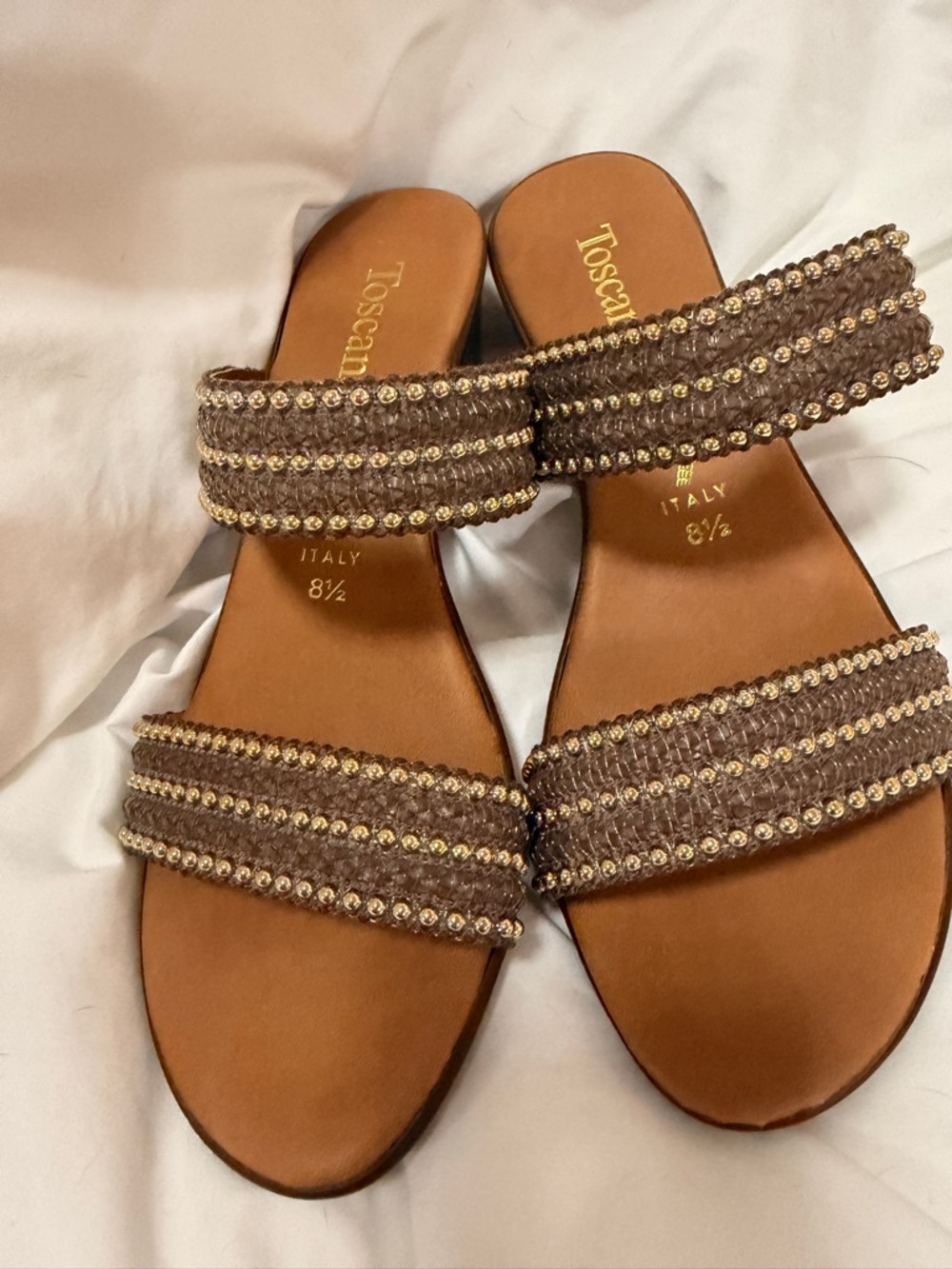 Brown Embellished Double-Strap Slide Sandals - Women's